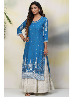 Biba - Women Blue Floral Print Viscose Kurta