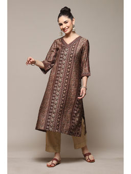 Biba - Women Brown Poly Viscose Straight Floral Printed Kurta