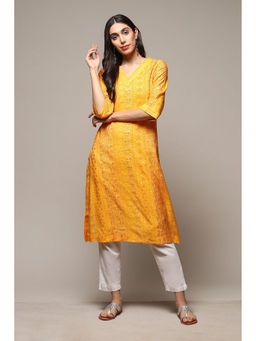 Biba - Women Yellow Poly Viscose Straight Floral Printed Kurta