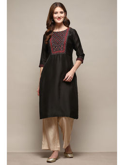 Biba - Women Black Embroidered Cotton Blend Straight Kurta