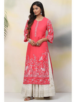 Biba - Women Coral Floral Print Straight Viscose Kurta