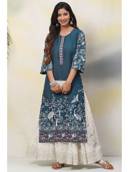 Biba - Women Teal Floral Print Straight Viscose Kurta