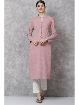 Biba - Women Blush Pink Woven Cotton Straight Kurta