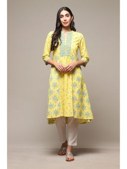 Biba - Women Marine Yellow Cotton Blend A-Line Printed Kurta