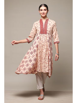 Biba - Women Beige Cotton Blend A-Line Printed Kurta