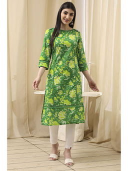 Biba - Women Green Cotton Floral Print Kurta