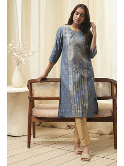 Biba - Women Grey Woven Cotton Straight Kurta