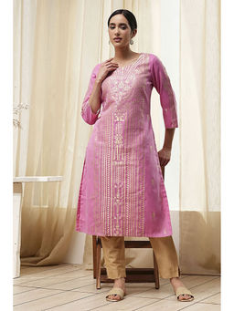 Biba - Women Pink Woven Cotton Straight Kurta