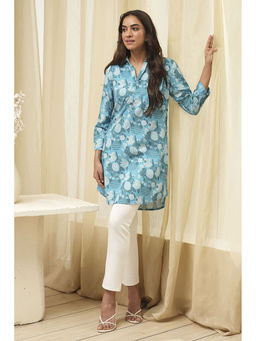 Biba - Women Blue Rayon Straight Floral Printed Kurti