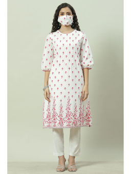 Biba - Women Fuchsia Pink and White Cotton Kurta with Mask (Set of 2)