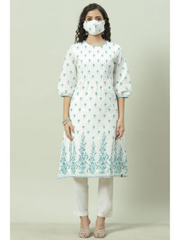 Biba - Women Sky Blue and White Cotton Kurta with Mask (Set of 2)