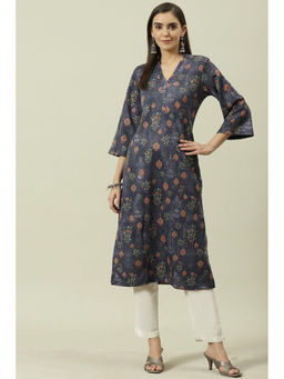 Biba - Women Navy Blue Rayon Floral Printed Kurta