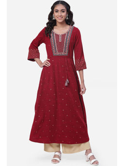 Biba - Women Maroon Embroidered A-Line Kurta