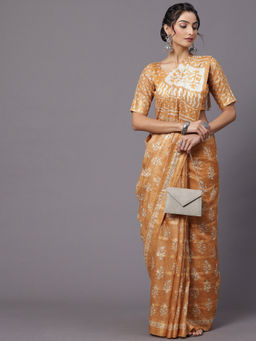 Akhilam - Women Soft Silk Beige Printed Designer Saree with Unstitched Blouse