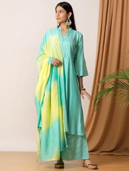 Empress Pitara - Mint Green Flare Kurta And Palazzo With Leheria Dupatta (Set of 3)