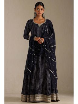Soch - Women Navy Blue Georgette Sweetheart Gown with Dupatta