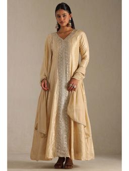 Soch - Women Beige Silk Blend V-Neck Gown with Dupatta