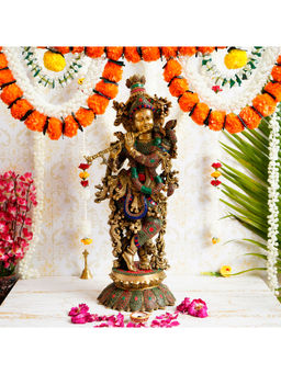 eCraftIndia - Colorful Lord Krishna Playing Flute Handcrafted Brass Idol With Stone Work