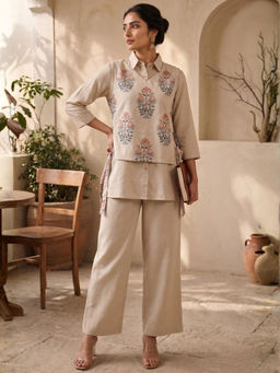 Autumnlane - Ridhika Harp Bib Style Cotton Shirt With Pant & Jacket