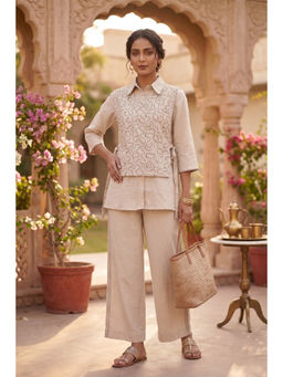 Autumnlane - Ridhika Ivory Embroidery Cotton Shirt With Pant & Jacket