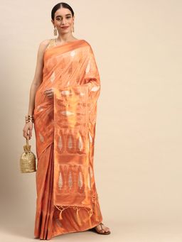 Sangam Prints - Orange Silk Woven Work Festival Tassel Saree with Unstitched Blouse