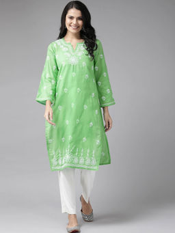 ADA - Hand Embroidered Green Cotton Lucknow Chikankari Kurta (XS) (A249042)