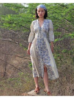Chidiyaa - Beige Blue Block Printed Bel Cotton Dress