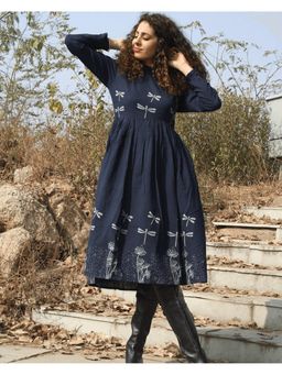 Chidiyaa - Blue Dragonfly Block Printed Cotton Dress