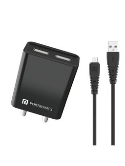 Portronics - Adapto 66 M Dual USB Ports Charging Adapter with 12W, 1Meter Micro USB Cable (Black)