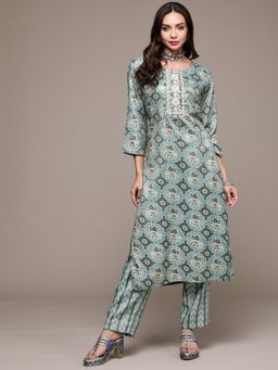 Anubhutee - Women Blue Abstract Printed Embroidered Kurta with Pant (Set of 2)