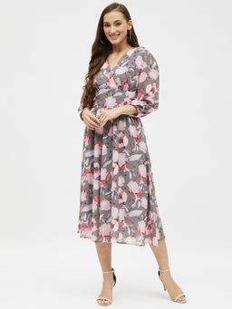 Kibo - Womens Georgette Printed V-Neck Midi Dress