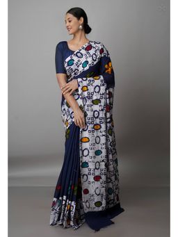 Unnati Silks - Navy Blue Pure Batik Kota Cotton Saree with Unstitched Blouse