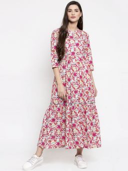 Indibelle - Cotton Pink Floral Print Front Slit A-Line Dress