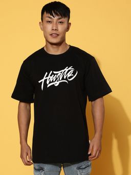 VEIRDO - Men Graphic Print Oversize Black Round Neck Pure Cotton T-Shirt