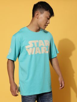 VEIRDO - Men Graphic Print Blue Round Neck Oversize Pure Cotton T-Shirt