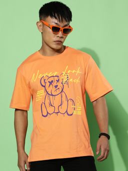 VEIRDO - Men Graphic Front Print Orange Round Neck Oversize Pure Cotton T-Shirt