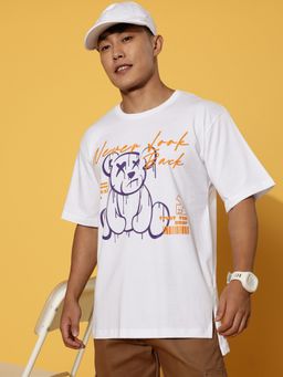 VEIRDO - Men Graphic Front Print White Round Neck Oversize Pure Cotton T-Shirt