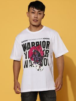 VEIRDO - Men Typographic Front Print White Round Neck Oversize Pure Cotton T-Shirt