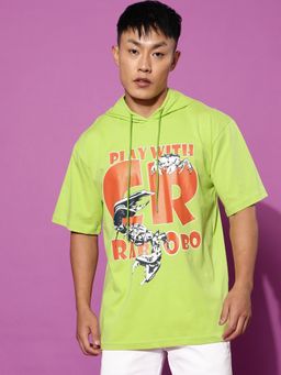 VEIRDO - Men Typographic Front Print Green Hooded Neck Oversize Pure Cotton T-Shirt