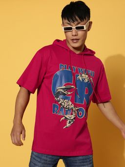 VEIRDO - Men Typographic Front Print Red Hooded Neck Oversize Pure Cotton T-Shirt