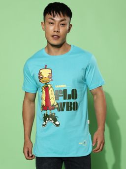 VEIRDO - Men Typography Printed Round Neck Cotton Blue T-Shirt