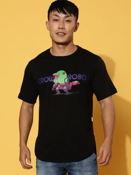 VEIRDO - Men Graphic Printed Round Neck Cotton Black T-Shirt