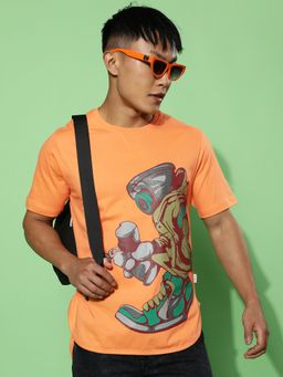 VEIRDO - Men Graphic Printed Round Neck Cotton Orange T-Shirt