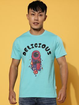 VEIRDO - Men Printed, Graphic Front Print Round Neck Pure Cotton Blue T-Shirt