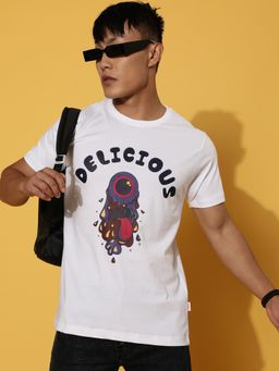 VEIRDO - Men Printed, Graphic Front Print Round Neck Pure Cotton White T-Shirt