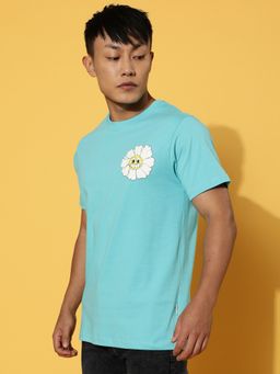 VEIRDO - Men Printed, Graphic Print Round Neck Pure Cotton Blue T-Shirt