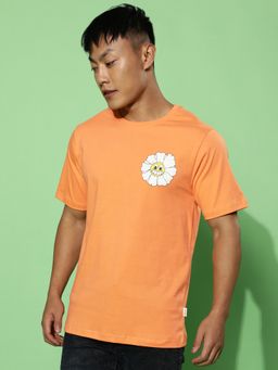 VEIRDO - Men Printed, Graphic Print Round Neck Pure Cotton Orange T-Shirt