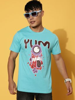VEIRDO - Men Printed, Graphic Front Print Round Neck Pure Cotton Blue T-Shirt