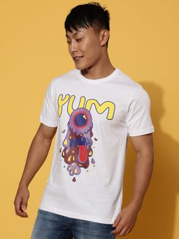 VEIRDO - Men Printed, Graphic Front Print Round Neck Pure Cotton White T-Shirt