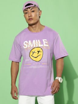 VEIRDO - Men Printed, Graphic Print Oversize Round Neck Pure Cotton Purple T-Shirt
